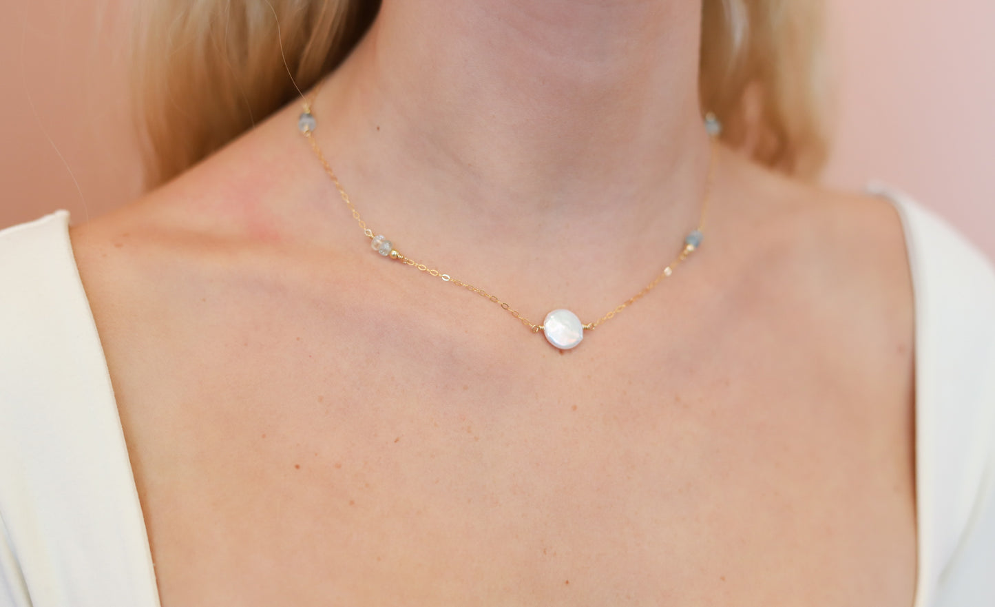 Token Pearl + Raw Aquamarine 16-18” Necklace
