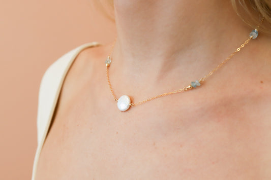 Token Pearl + Raw Aquamarine 16-18” Necklace